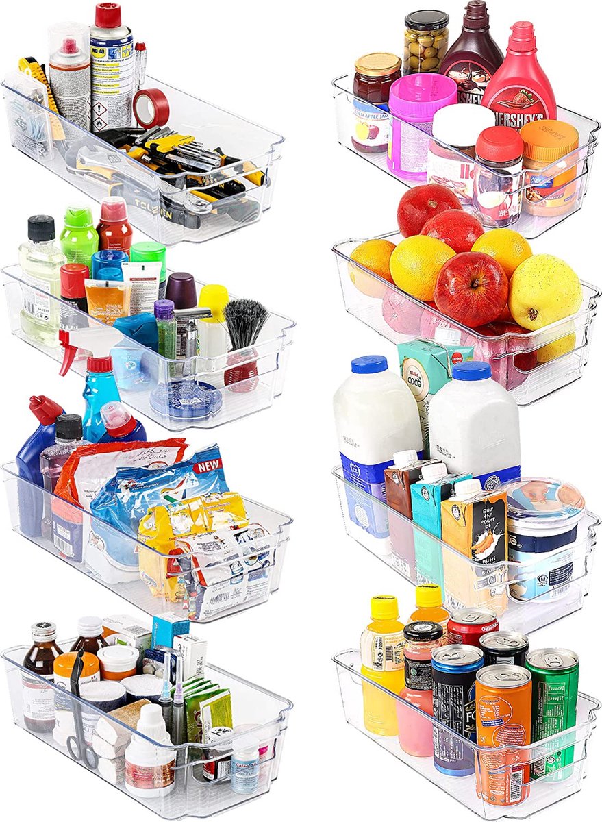 NaSK - Opberbakken - Bijkeuken - Transparant - Set van 8 containers (4 grote en 4 kleine opbergbakken) Opslag voor - Keuken - Bijkeuken - Kasten - Aanrecht en koelkast - BPA-vrij