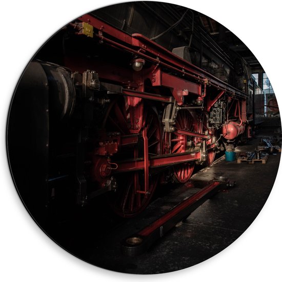 WallClassics - Dibond Muurcirkel - Locomotief zwart met rood - 30x30 cm Foto op Aluminium Muurcirkel (met ophangsysteem)