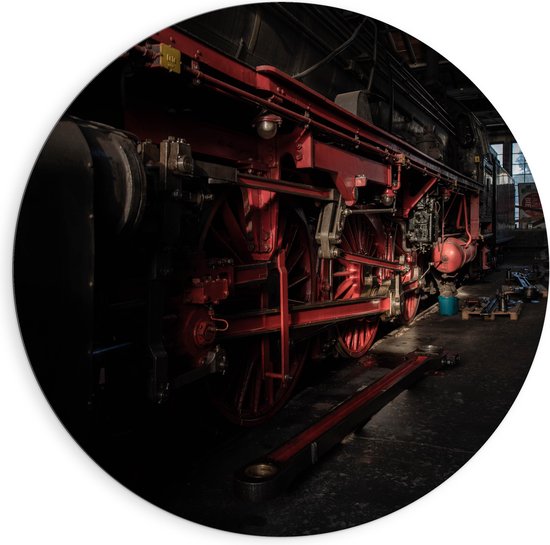 WallClassics - Dibond Muurcirkel - Locomotief zwart met rood - 90x90 cm Foto op Aluminium Muurcirkel (met ophangsysteem)