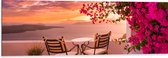 Dibond - Tafel met Stoeljes op Balkon met Roze Bloemenstruik met Uitzicht op Zee - 120x40 cm Foto op Aluminium (Met Ophangsysteem)