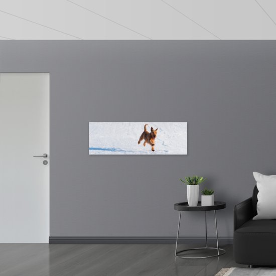 WallClassics - Drapeau - Chien marron courant dans la neige - 120x40 cm Photo sur drapeau polyester