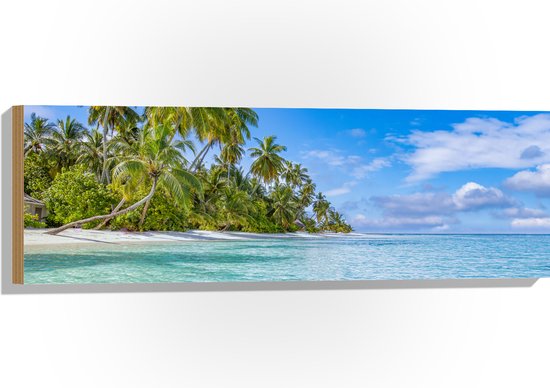 Hout - Tropisch Strand met Palmbomen - 90x30 cm - 9 mm dik - Foto op Hout (Met Ophangsysteem)
