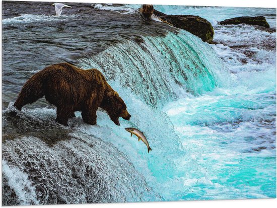 WallClassics - Drapeau - Ours brun mordant un poisson dans une rivière avec cascade - Photo 100 x 75 cm sur drapeau en polyester