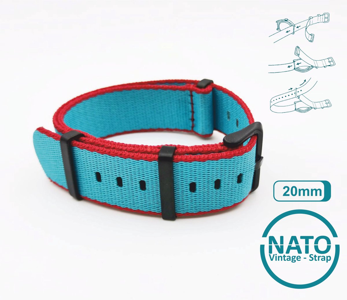 20mm Nato Strap BLAUW ROOD met zwarte gesp - Vintage James Bond - Nato Strap collectie - Mannen - Vrouwen - Horlogeband - 20 mm bandbreedte