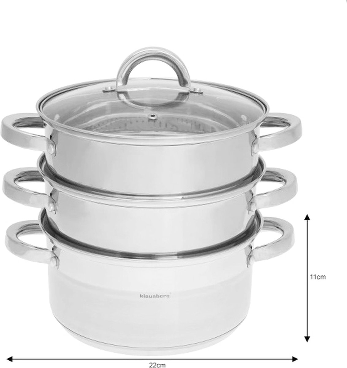 KLAUSBERG Stoompannen Set 4-delig I Kookpan Stoominzet Deksel Ø 22 cm 4.0L RVS Rijststomer Stoompan Groentestomer Vis- en Vleesstomer I Gezond Lekker Zuinig