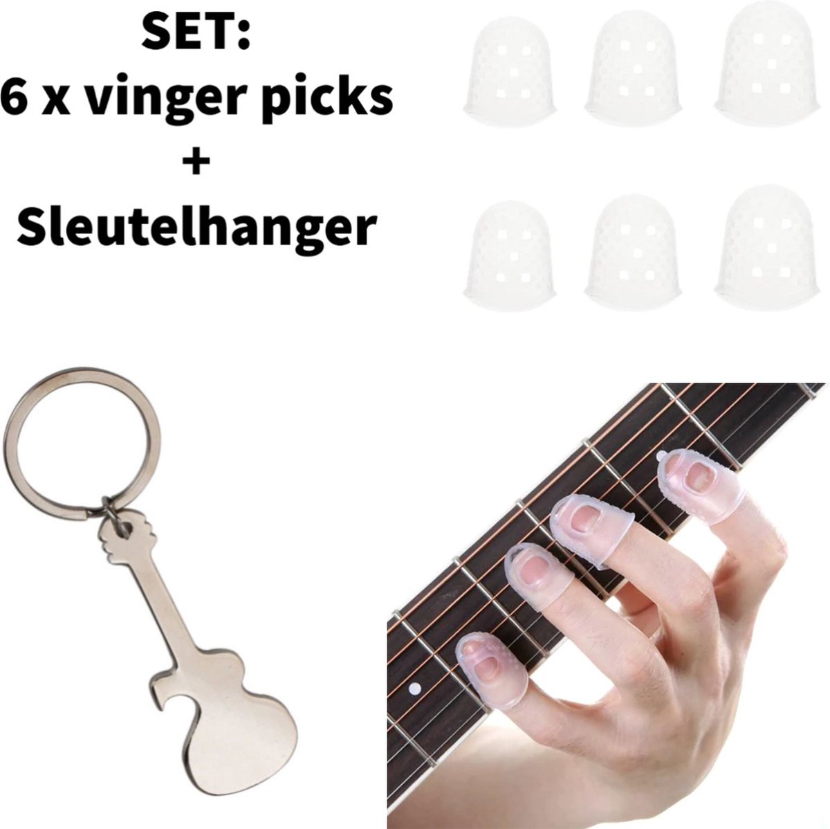 SET: 6 pièces Guitar Finger Picks - TRANSPARENT + porte-clés