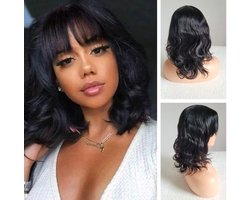 Braziliaanse Remy pruik 14 inch - Bob donkerbruine golf haren met pony - Braziliaanse pruik - real human hair - echt menselijke haren - none lace wig