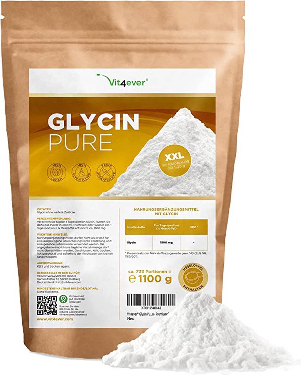 Glycine Puur - 1100 g (1,1 kg) zuiver poeder - geen additieven - 733 porties - in het laboratorium geteste kwaliteit - 100% Glycine Aminozuur - Veganistisch - Vit4ever - Vit4ever