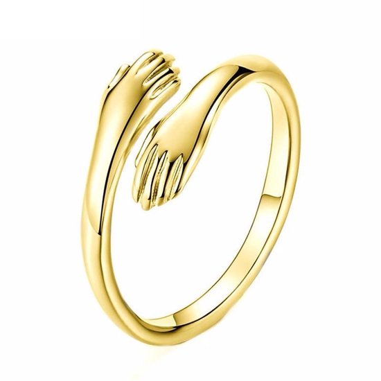 24/7 Jewelry Collection Knuffel Ring - Knuffelring - Handen - Handjes - Vriendschapsring - Hug - Verstelbaar - Verstelbare Ring - Goudkleurig - Amodi
