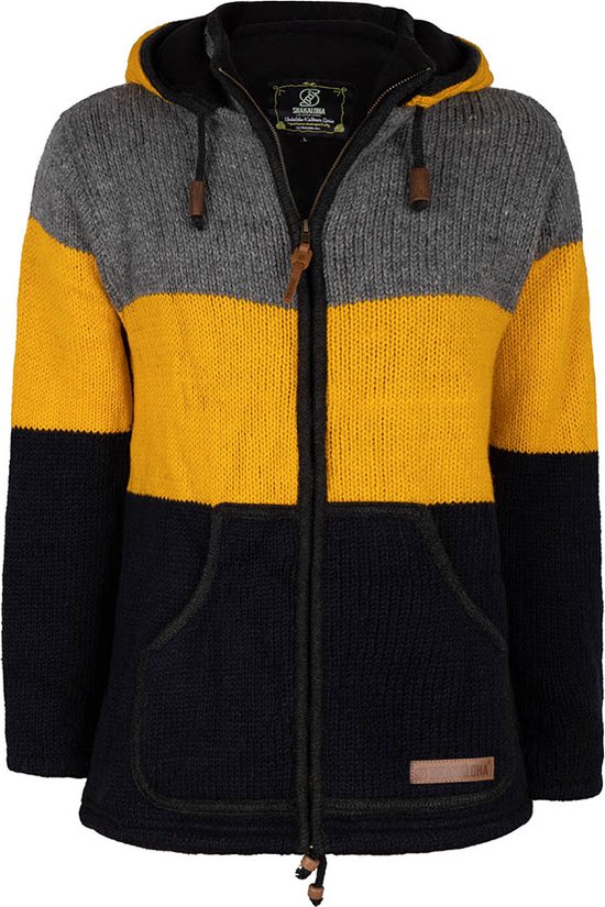Foto: Gebreid wollen heren uni vest van schapenwol met fleece voering en afneembare capuchon shakaloha m tricolore zh yellowblue l