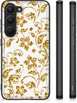 Back Cover Siliconen Hoesje Geschikt voor Samsung Galaxy S23 Telefoonhoesje met Zwarte rand Gouden Bloemen