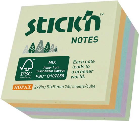Stick'n Sticky Notes - Kleine Kubus - FSC - 51x51mm - Pastel Mix - 240 memoblaadjes