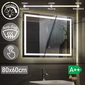 Aquamarin® LED-verlichte badkamerspiegel - 80 x 60 cm, A++, instelbare verlichting (warm, neutraal, koud) met geheugenfunctie, anticondens - make-upspiegel / cosmeticaspiegel