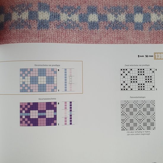 Kleurenschema's en telpatronen voor breien, met roze, blauwe en witte vakjes.