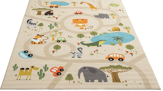 the carpet Vloerkleed Happy Life Kinderkamer, kindertapijt, speeltapijt, wasbaar, straattapijt, straat, jungle, dieren, auto, beige, 160 x 220 cm