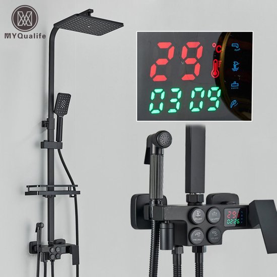 MYQualife Regendouche - Douchewand 4 Functies - Douchetimer Thermostaat display - Zwart