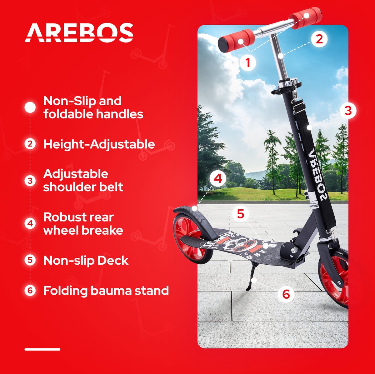 Trottinette Arebos Rouge Pliable Réglable - Roues LED, Suspension, Charge 100kg Enfants & Adultes