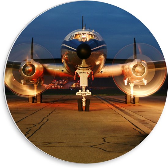 WallClassics - PVC Schuimplaat Muurcirkel - Vooraanzicht van Vliegtuig in de Avond - 30x30 cm Foto op Muurcirkel (met ophangsysteem)