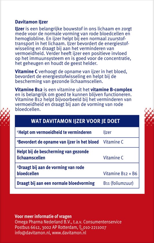 Davitamon Ijzer met vitamine B12 - Draagt bij aan het verminderen van vermoeidheid - Voedingssupplement met ijzer en vitamine B12 - 33 ijzer tabletten