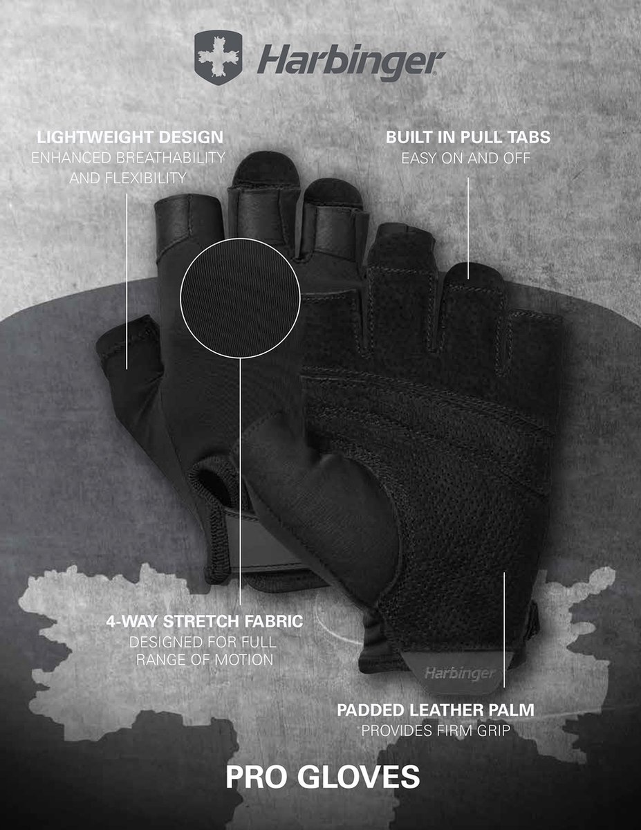 Harbinger Pro Gloves - Fitness Wrist Wraps Heren & Dames - Licht & Flexibel - XL - Unisex - Zwart - Gym & Crossfit Training - Krachttraining