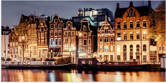 Poster Glanzend – De Grachten van Amsterdam in de Avond in Nederland - 100x50 cm Foto op Posterpapier met Glanzende Afwerking