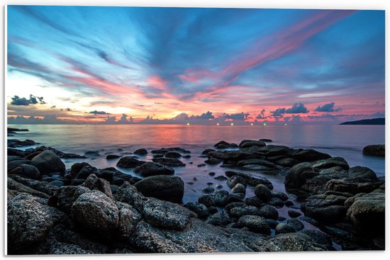 PVC Schuimplaat - Stenen in het Water bij Blauw met Roze Lucht - 60x40 cm Foto op PVC Schuimplaat (Met Ophangsysteem)