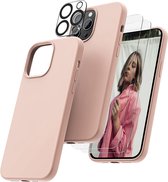 Hoesje Geschikt voor iPhone 14 – Liquid siliconen backcover met 2x glazen screenprotector en camera lens protector – Pink Sand