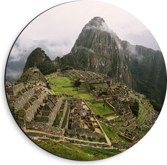 Dibond Muurcirkel - Machu Picchu Ruïne in Peru - 40x40 cm Foto op Aluminium Muurcirkel (met ophangsysteem)