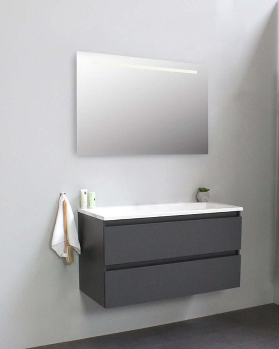 Adema Bella badmeubel met acryl wastafel zonder kraangat met spiegel met licht 100x55x46cm Antraciet mat
