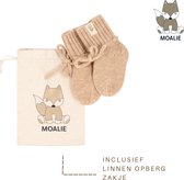 Moalie ®- Baby - Pasgeboren - meisje - jongen - Babyslofjes - babysokken - Merino wol - beige - wollen sokken - linnen opbergzakje -kraamcadeau