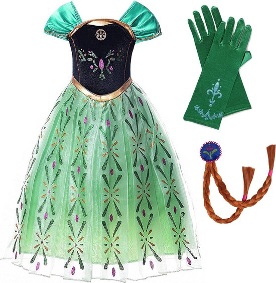 Prinsessenjurk meisje - Anna groene jurk - Het Betere Merk - Prinsessen speelgoed - maat 98/104 (110)- Verkleedkleren Meisje- Prinsessen handschoenen - Vlechtjes - Verjaardag meisje - Carnavalskleren - Kleedmeisje