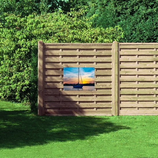 Tuinposter – Vissersboot met Hoge Mast en Zonsondergang - 80x60 cm Foto op Tuinposter (wanddecoratie voor buiten en binnen)