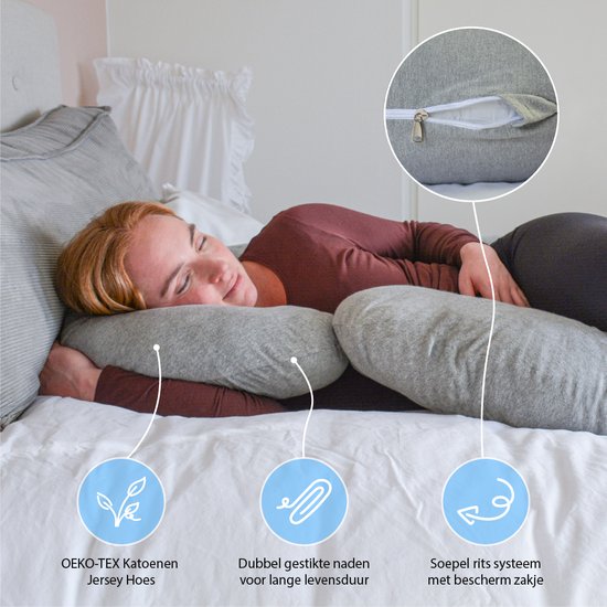 Ella® Zwangerschapskussen XXL C-vorm - Zijslaapkussen - Lichaamskussen - Voedingskussen - Body Pillow - 150x70cm - Afneembare Jersey Katoenen Hoes, Lichtgrijs van Ella® — afbeelding 4