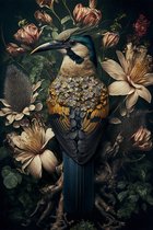 Kleurrijke vogel met bloemen - canvas - 100 x 150 cm