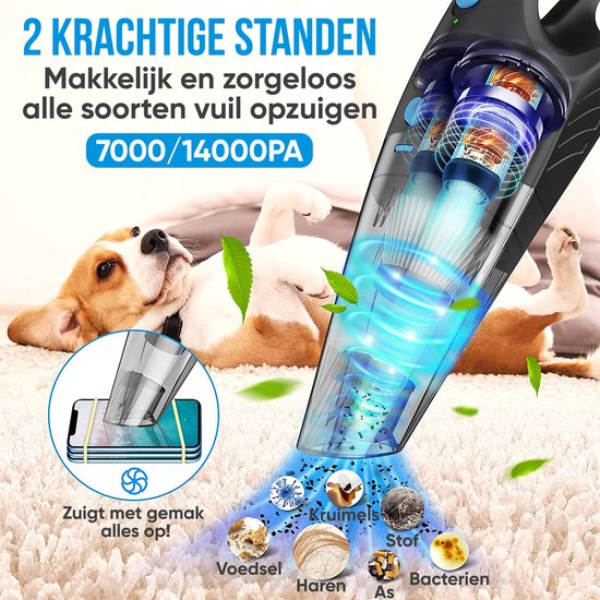 Strex Kruimeldief Draadloos & Snoerloos - Handstofzuiger voor Auto - Kruimelzuiger Nat & Droog - Mini Stofzuiger - 14000PA - HEPA Filter - LED Verlichting - Extra Krachtig - Autostofzuiger met Opzetstukken