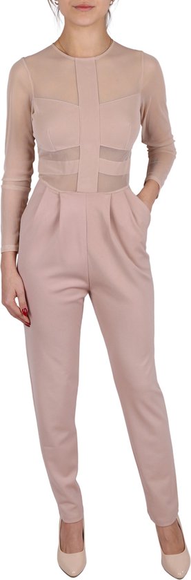 John Zack Nude-jumpsuit met lange mouwen en doorschijnende mesh-inzetstukken, slim fit / XL