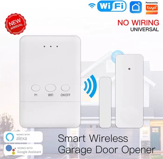 Nieuwe slimme draadloze garagedeuropener, wit, met knoppen P1, WiFi, Aan/Uit en indicatielampjes. Werkt met Tuya, WiFi, Alexa en Google Assistant.