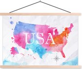 Posterhanger incl. Poster - Schoolplaat - Amerika - Wereldkaart - Waterverf - 150x100 cm - Blanke latten
