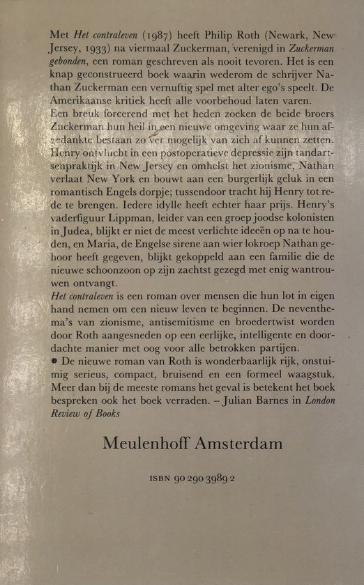 Achterkant van het boek 'Het contraleven' van Philip Roth, met tekst en uitgever.