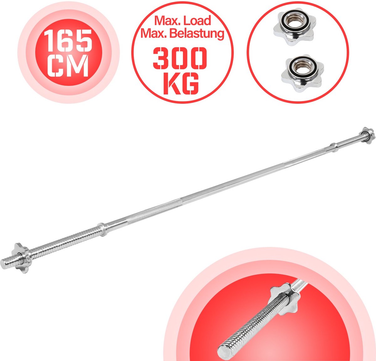 Physionics - Barbell Bar - Diameter 30 mm - Chrome Plated - 9 kg - Laadcapaciteit 300 kg - Fitness - Dumbell Bar - 165 cm