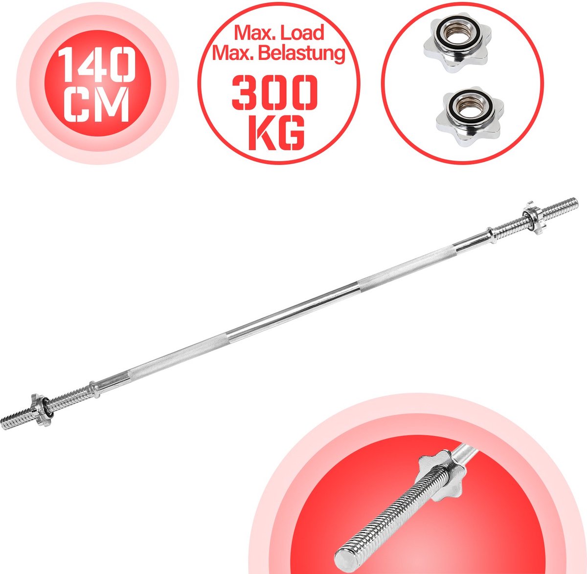 Physionics - Barbell Bar - Diameter 30 mm - Chrome Plated - 8 kg - Laadcapaciteit 300 kg - Fitness - Dumbell Bar - 140 cm