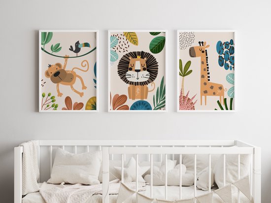 No Filter Ensemble d'affiches pour chambre d'enfant - 3 pièces - Affiches d'animaux Safari - 21x30 cm (A4) - Décoration Chambre de bébé - bohème