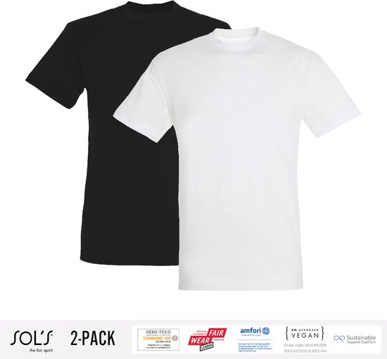 2 Pack Sol's Heren T-Shirt 100% biologisch katoen Ronde hals Zwart en Wit Maat 4XL