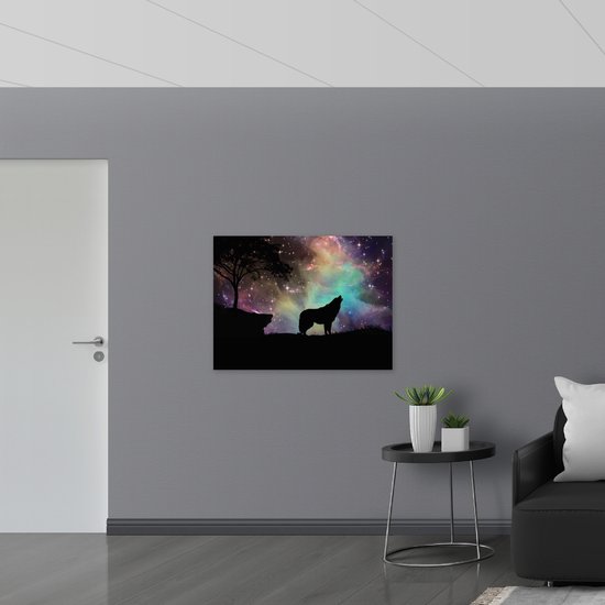 Dibond - Silhouette van een Wolf bij Sterrenhemel - 100x75 cm Foto op Aluminium (Wanddecoratie van metaal)