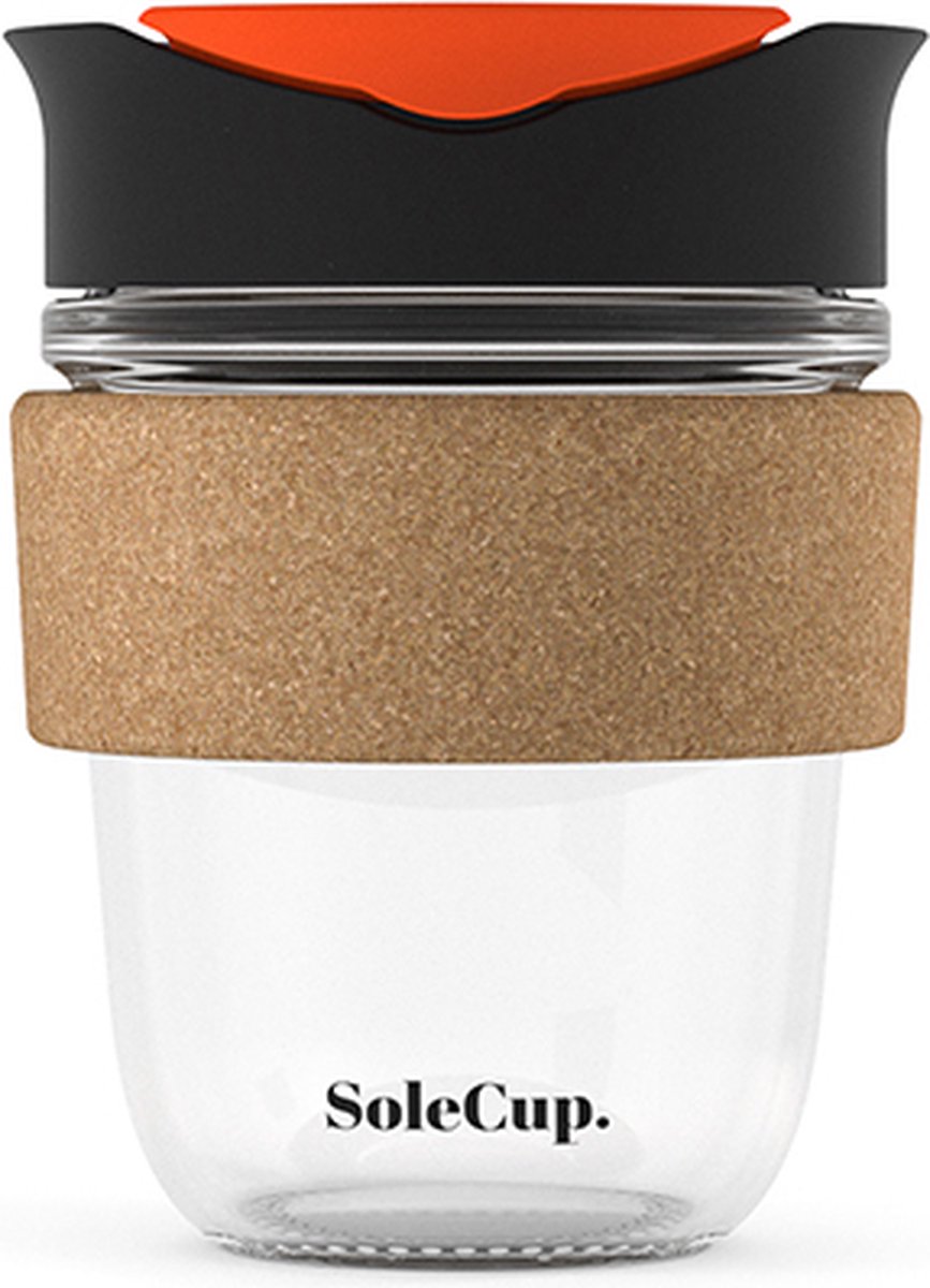 Solecup koffie beker to go glas/ kurk - 340 ml - zwart/oranje-rood