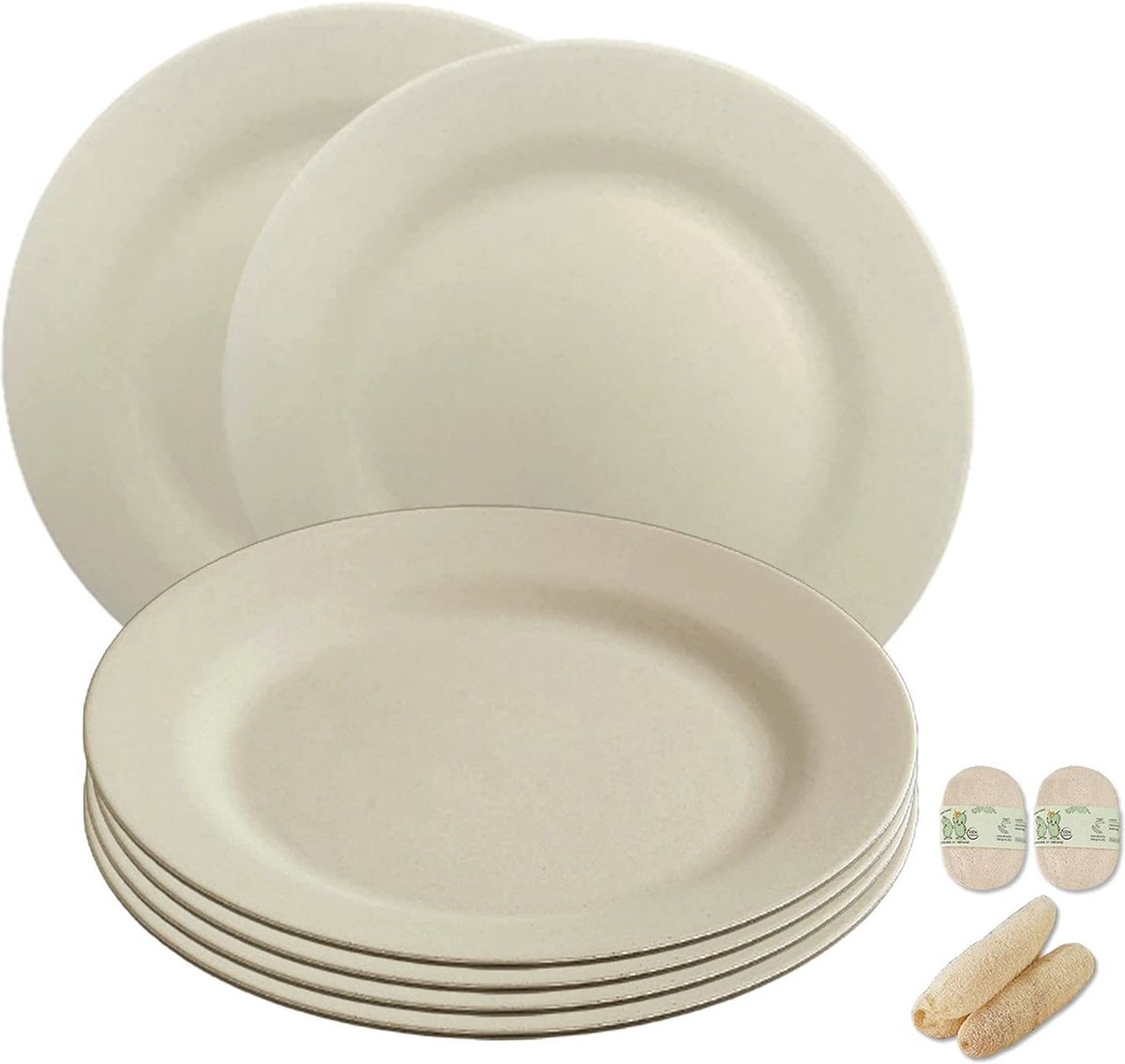 onbreekbare borden van 25 cm, 6-delige set, herbruikbare platte borden met luffas-afwasborstels, eetborden van kunststof, licht voor party/camping/BBQ/pizza, magnetronbestendig, vaatwasmachinebestendig, BPA-vrij (beige)