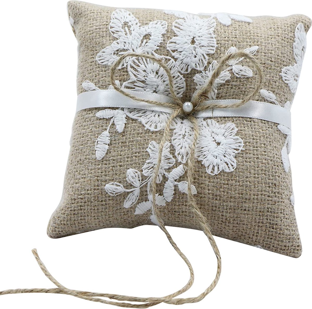 Vintage ringkussen bruiloft – jute & kant met bloemen – 15 × 15 cm - trouwring kussen - trouwseizoen