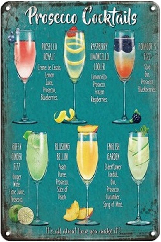 Tableau mural avec recettes de cocktails Prosecco - Prosecco Royale, Cooler de limoncello aux framboises, Fizz au gingembre vert, rougissant Bellin