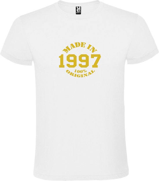 Wit T-Shirt met “Made in 1997 / 100% Original “ Afbeelding Goud Size XXXXL
