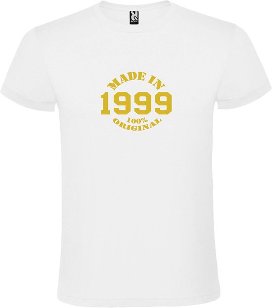 Wit T-Shirt met “Made in 1999 / 100% Original “ Afbeelding Goud Size XXXXXL